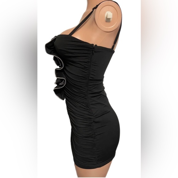 Sexy Black Zipper Ruffle Ruffled Lined Ruched Mini cleavage dress Glam party Y2K - Picture 2 of 3